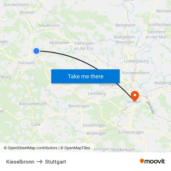 Kieselbronn to Stuttgart map