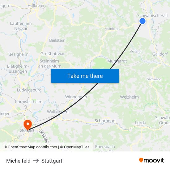 Michelfeld to Stuttgart map