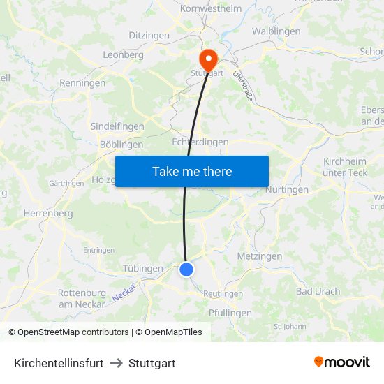 Kirchentellinsfurt to Stuttgart map