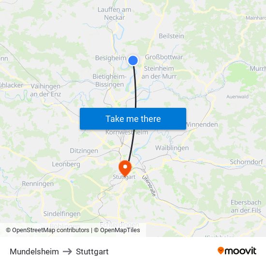 Mundelsheim to Stuttgart map