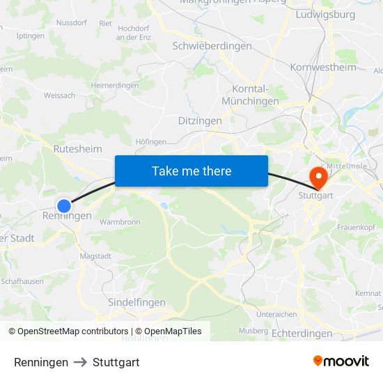 Renningen to Stuttgart map