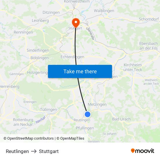 Reutlingen to Stuttgart map