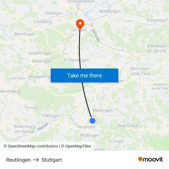 Reutlingen to Stuttgart map