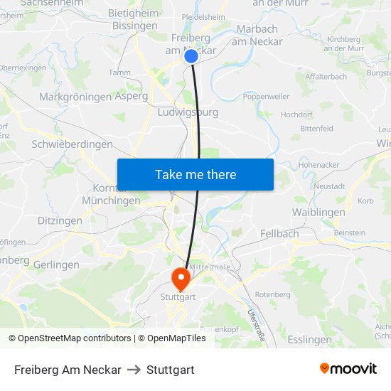 Freiberg Am Neckar to Stuttgart map