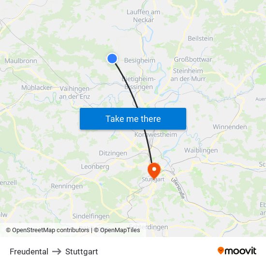 Freudental to Stuttgart map