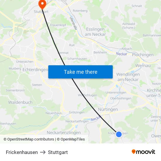 Frickenhausen to Stuttgart map