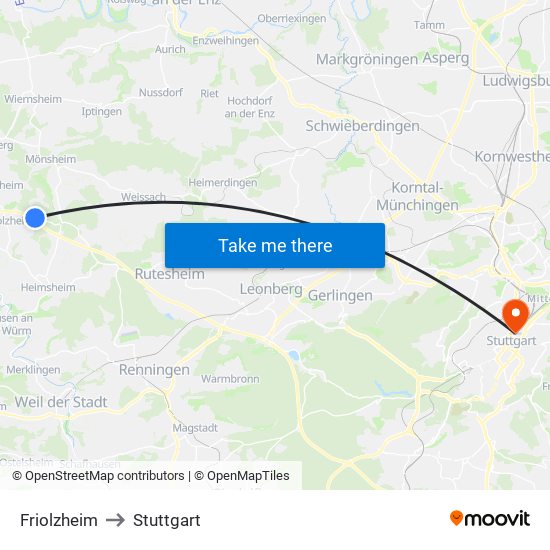 Friolzheim to Stuttgart map