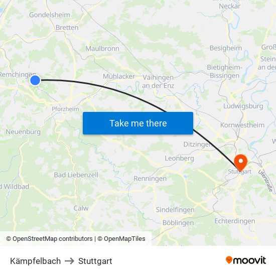 Kämpfelbach to Stuttgart map