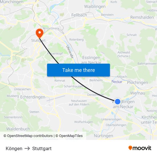 Köngen to Stuttgart map