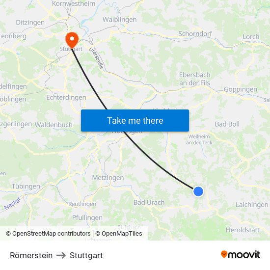 Römerstein to Stuttgart map