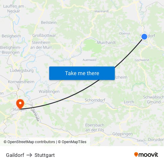 Gaildorf to Stuttgart map