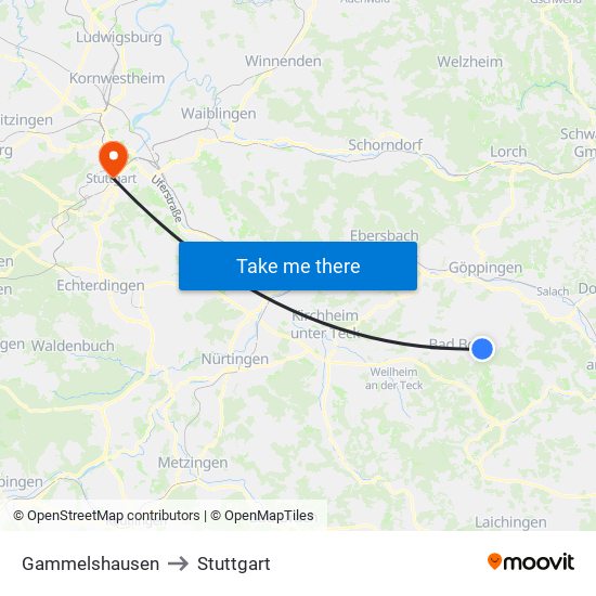 Gammelshausen to Stuttgart map