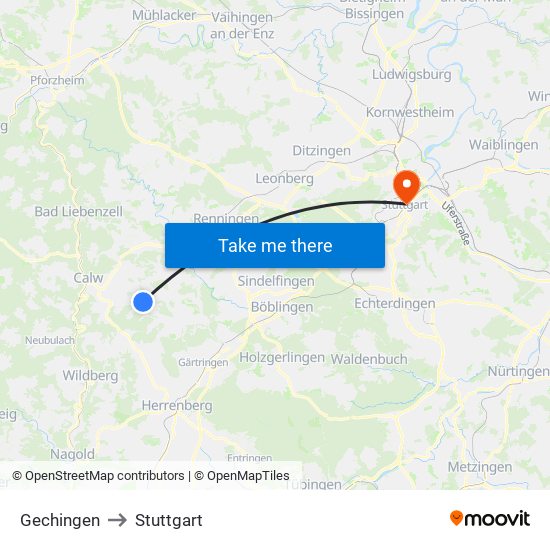 Gechingen to Stuttgart map