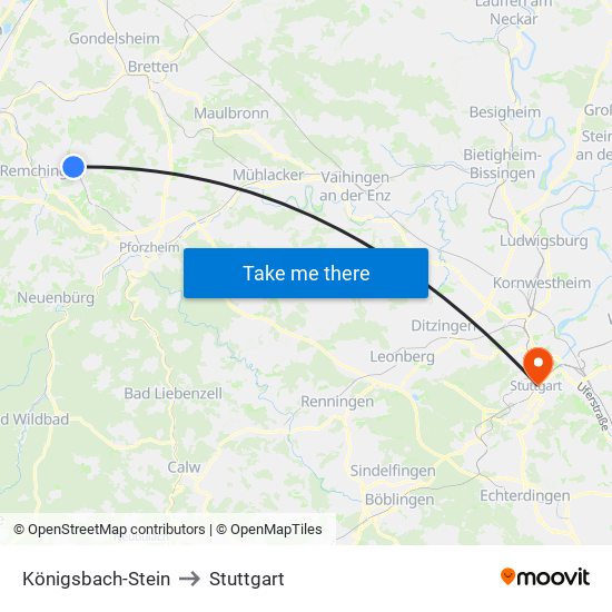 Königsbach-Stein to Stuttgart map