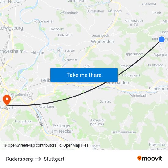 Rudersberg to Stuttgart map