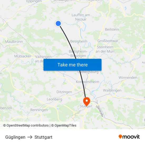 Güglingen to Stuttgart map