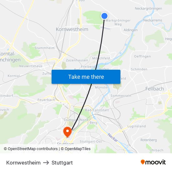 Kornwestheim to Stuttgart map