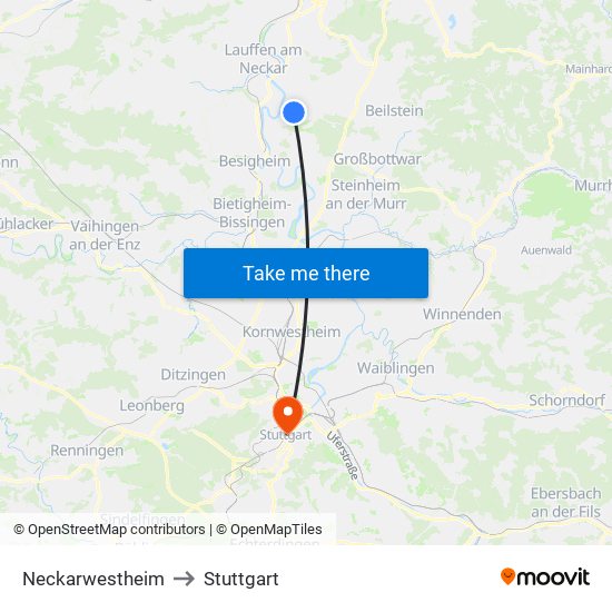 Neckarwestheim to Stuttgart map