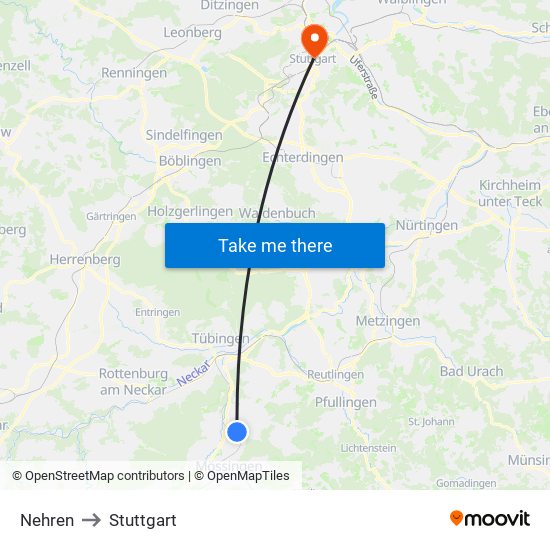 Nehren to Stuttgart map
