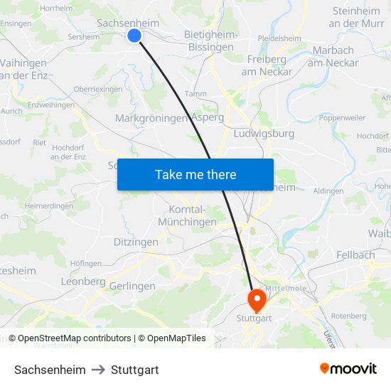 Sachsenheim to Stuttgart map