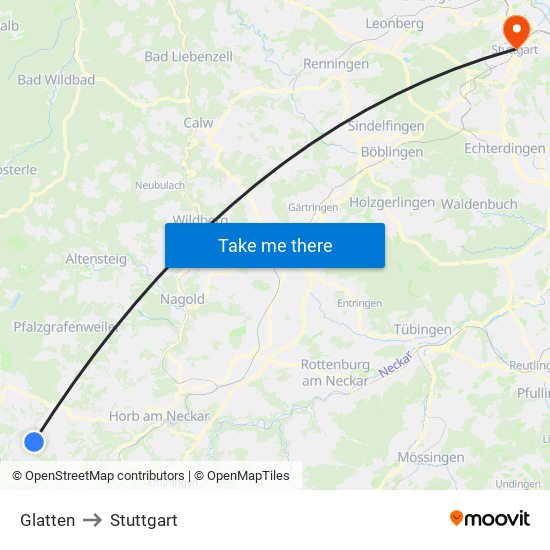 Glatten to Stuttgart map