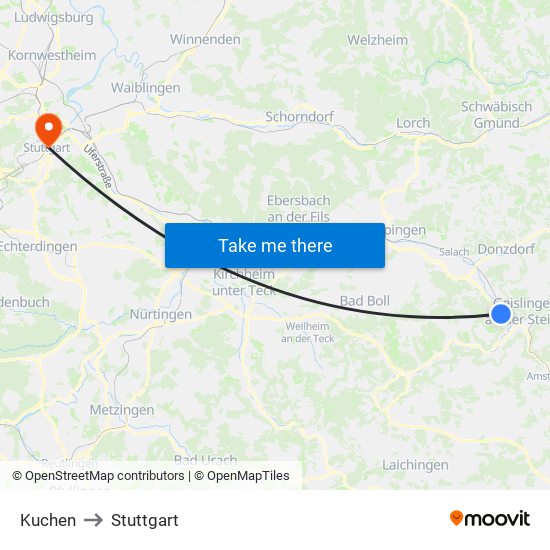 Kuchen to Stuttgart map
