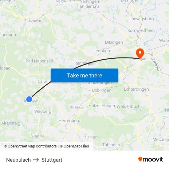 Neubulach to Stuttgart map