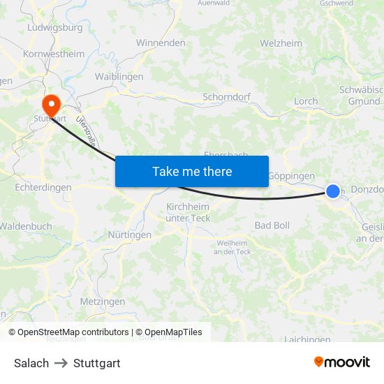 Salach to Stuttgart map