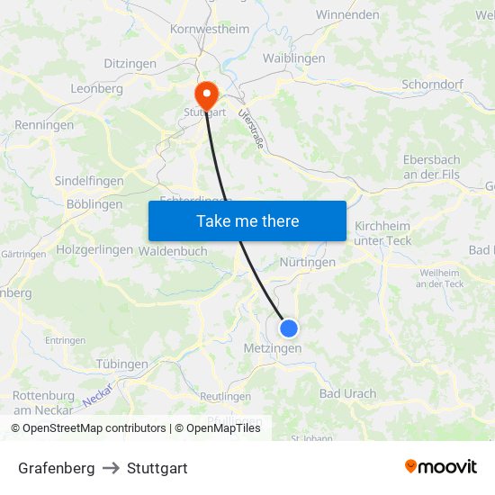 Grafenberg to Stuttgart map