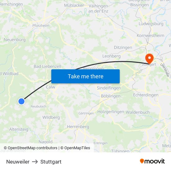 Neuweiler to Stuttgart map