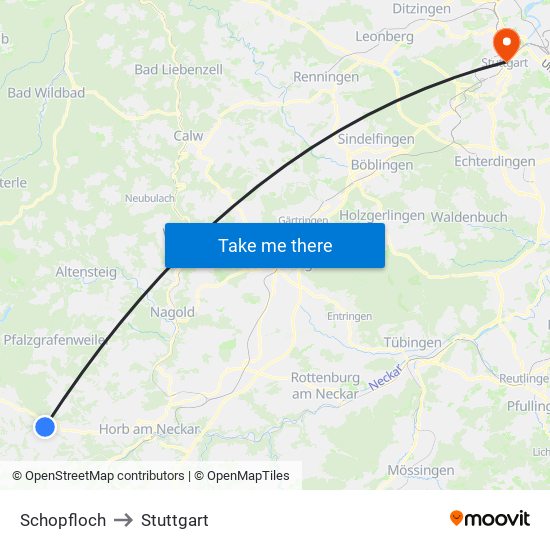 Schopfloch to Stuttgart map