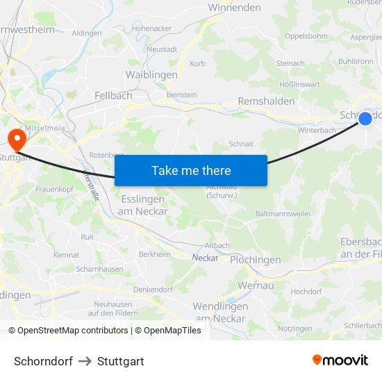 Schorndorf to Stuttgart map