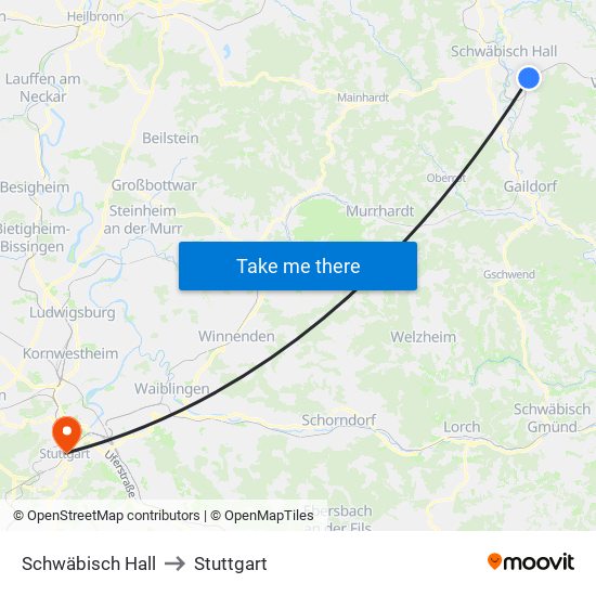 Schwäbisch Hall to Stuttgart map