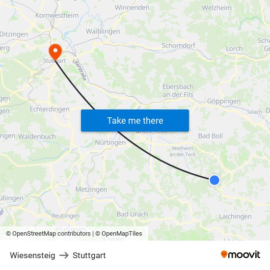 Wiesensteig to Stuttgart map
