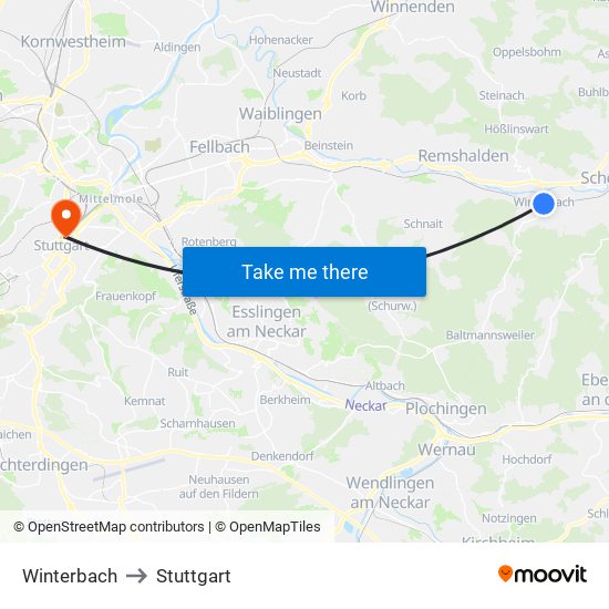 Winterbach to Stuttgart map