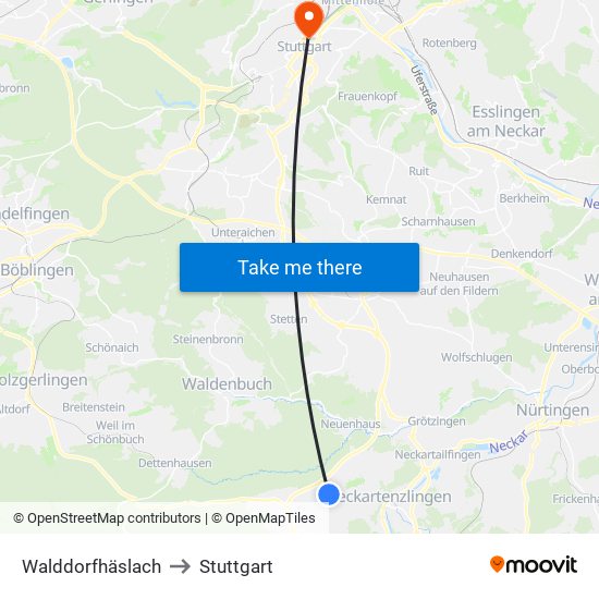 Walddorfhäslach to Stuttgart map