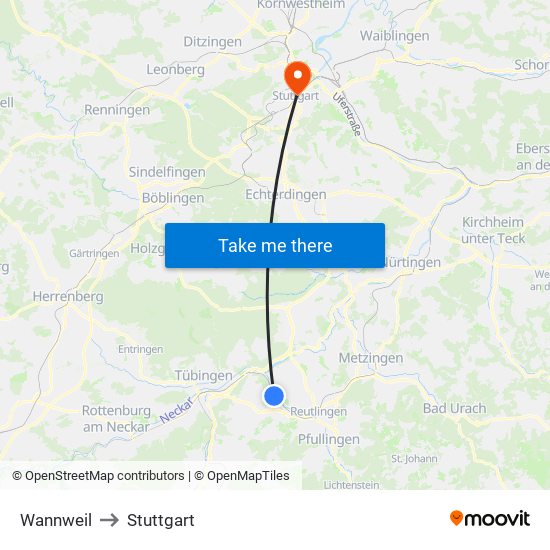 Wannweil to Stuttgart map