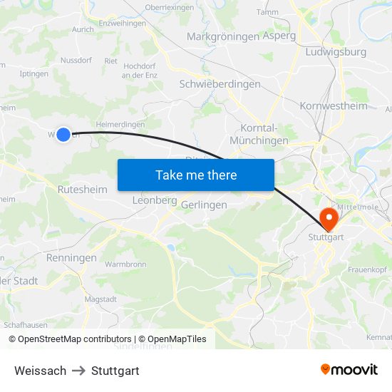 Weissach to Stuttgart map