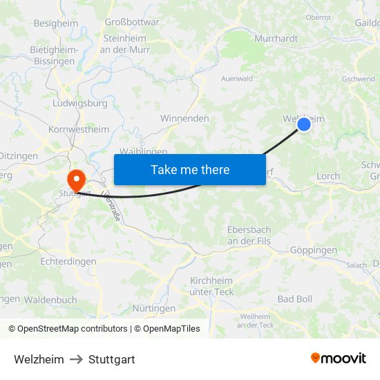 Welzheim to Stuttgart map
