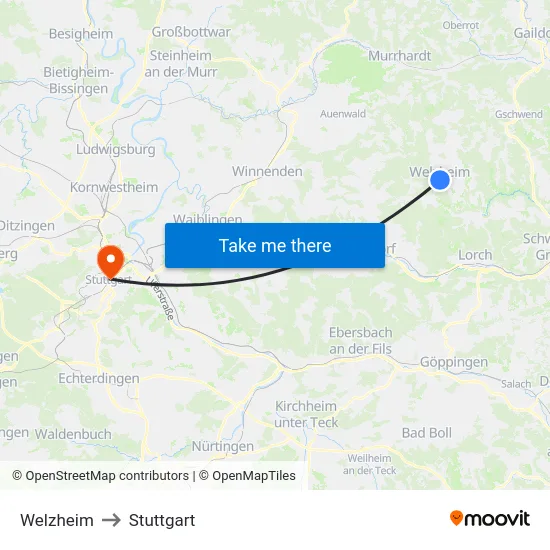 Welzheim to Stuttgart map