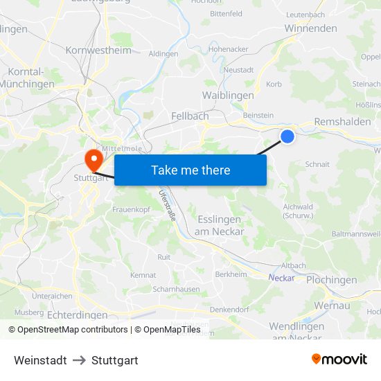 Weinstadt to Stuttgart map