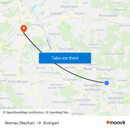 Wernau (Neckar) to Stuttgart map