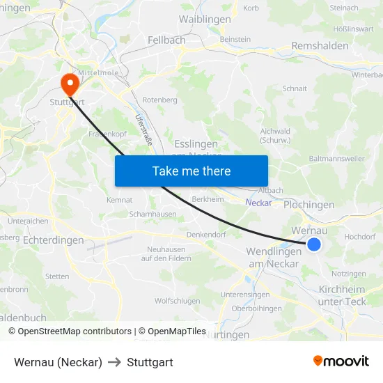 Wernau (Neckar) to Stuttgart map