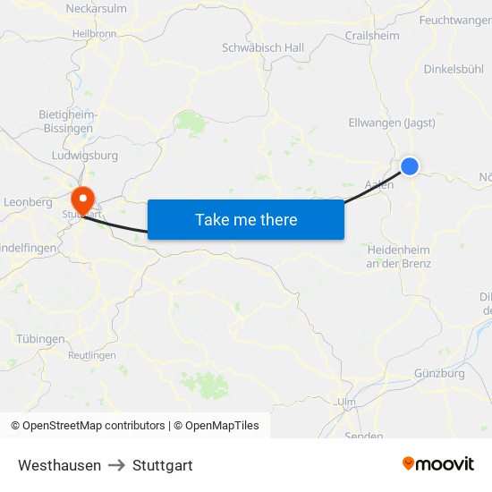 Westhausen to Stuttgart map