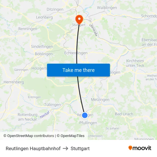 Reutlingen Hauptbahnhof to Stuttgart map
