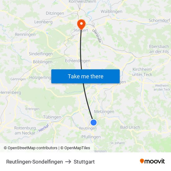 Reutlingen-Sondelfingen to Stuttgart map