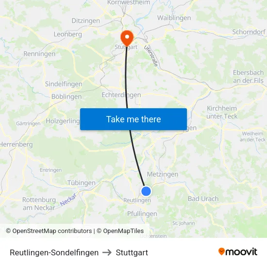 Reutlingen-Sondelfingen to Stuttgart map
