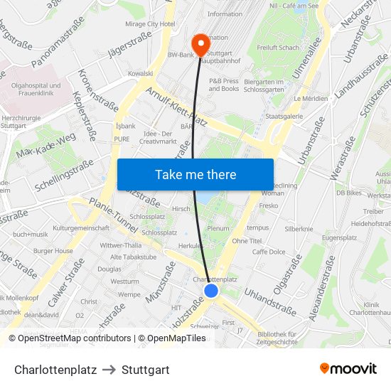 Charlottenplatz to Stuttgart map