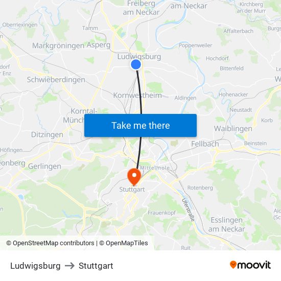 Ludwigsburg to Stuttgart map