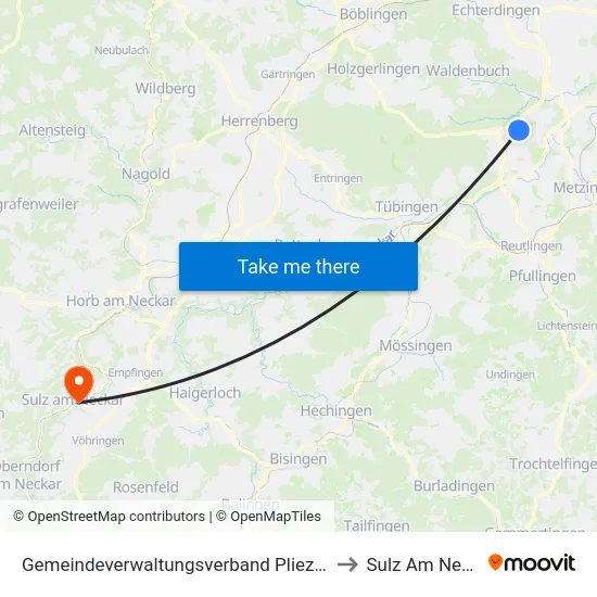 Gemeindeverwaltungsverband Pliezhausen to Sulz Am Neckar map